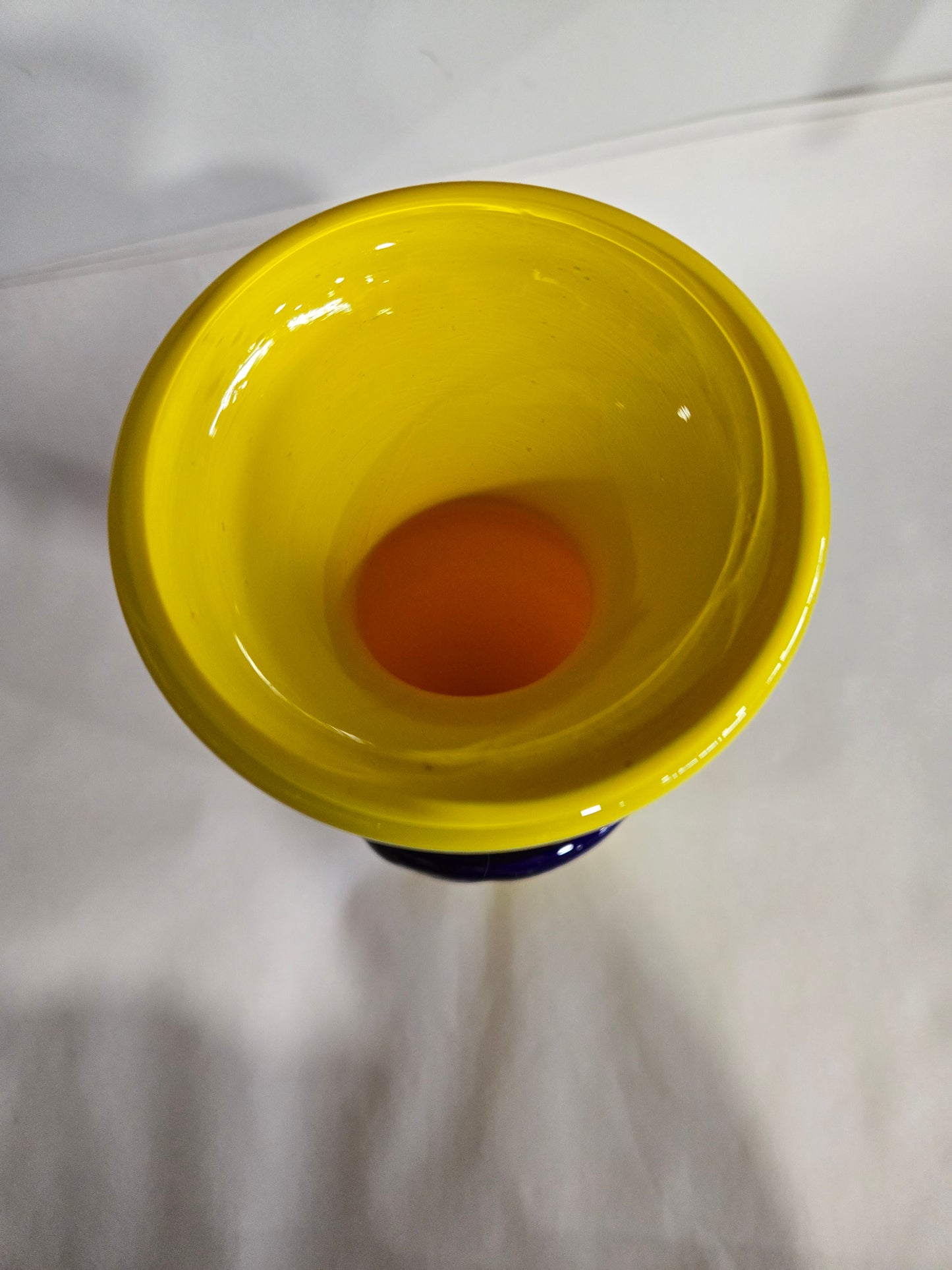 Vibrant Yellow Hand Blown Glass Vase w/ Blue Spiral Accent