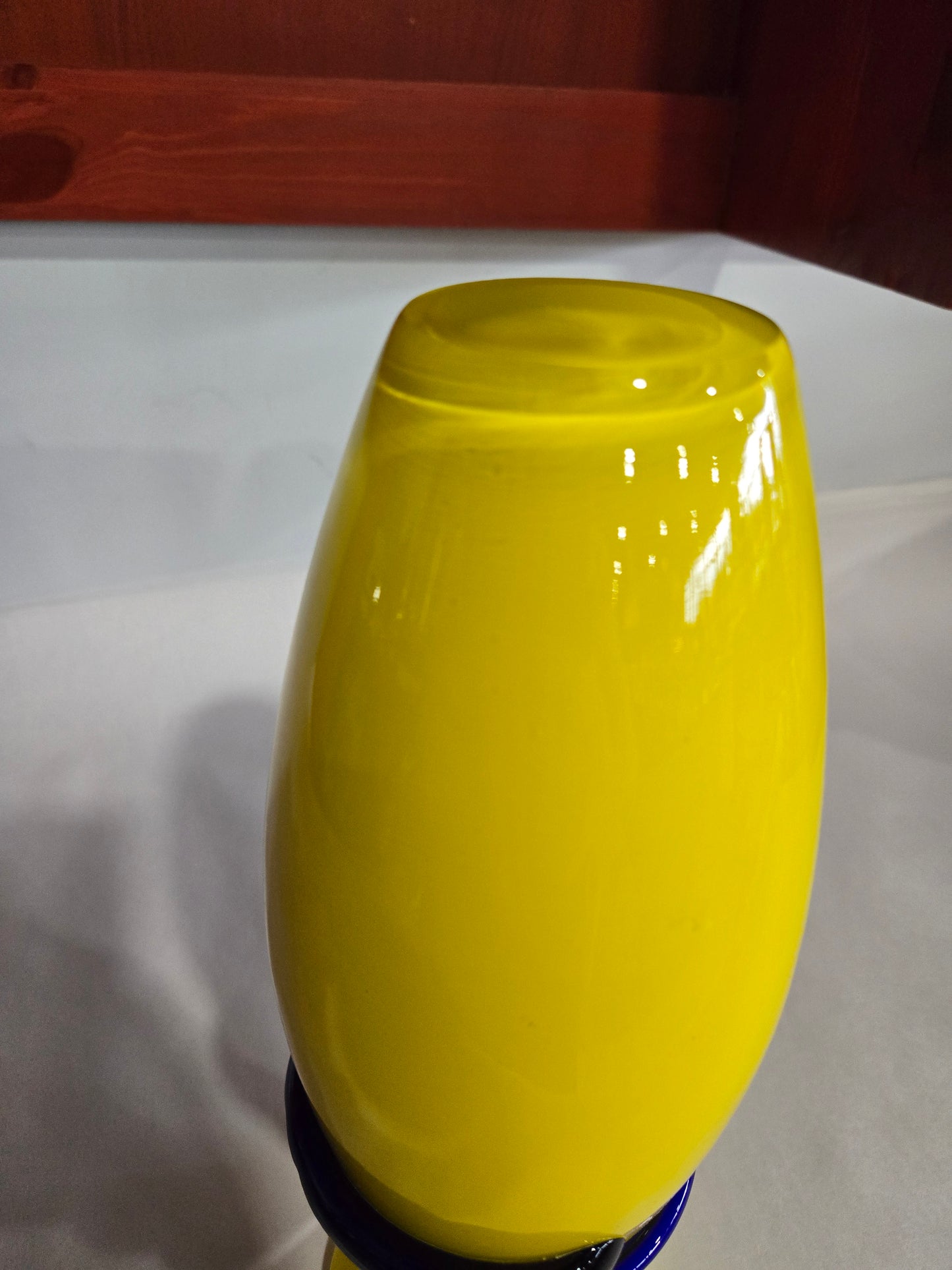 Vibrant Yellow Hand Blown Glass Vase w/ Blue Spiral Accent
