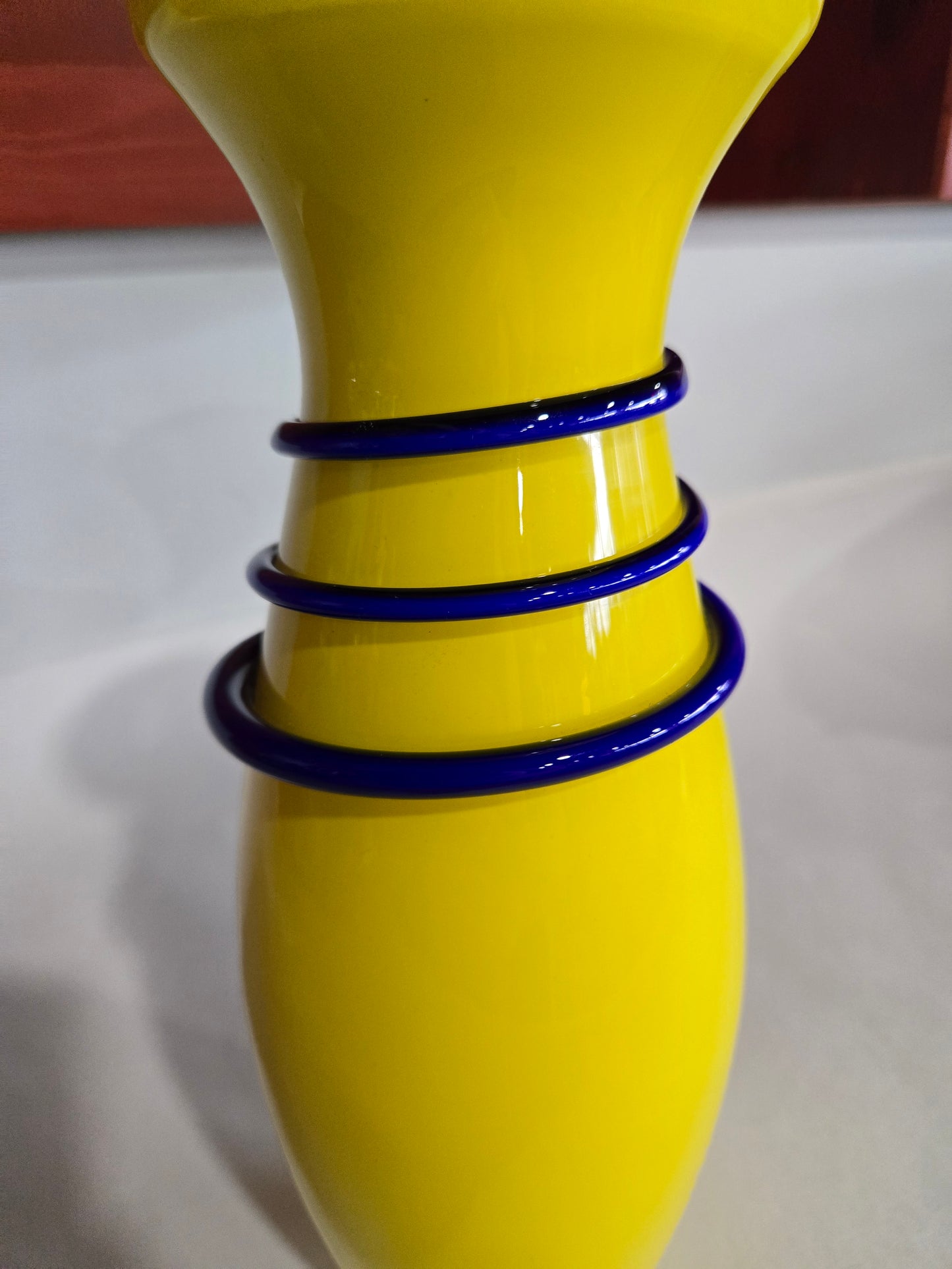 Vibrant Yellow Hand Blown Glass Vase w/ Blue Spiral Accent