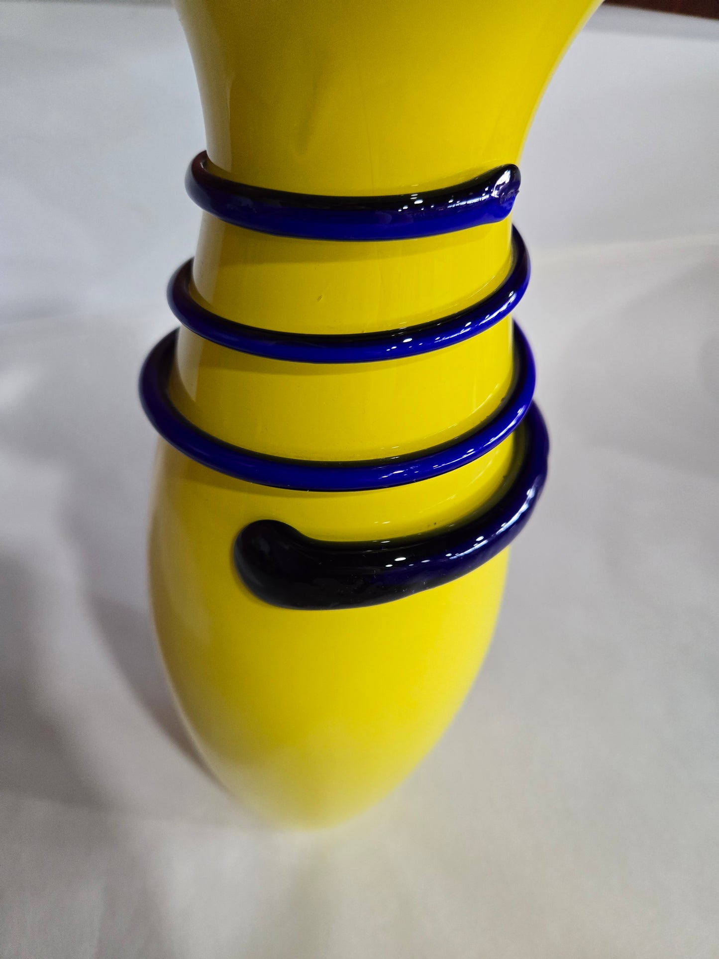 Vibrant Yellow Hand Blown Glass Vase w/ Blue Spiral Accent