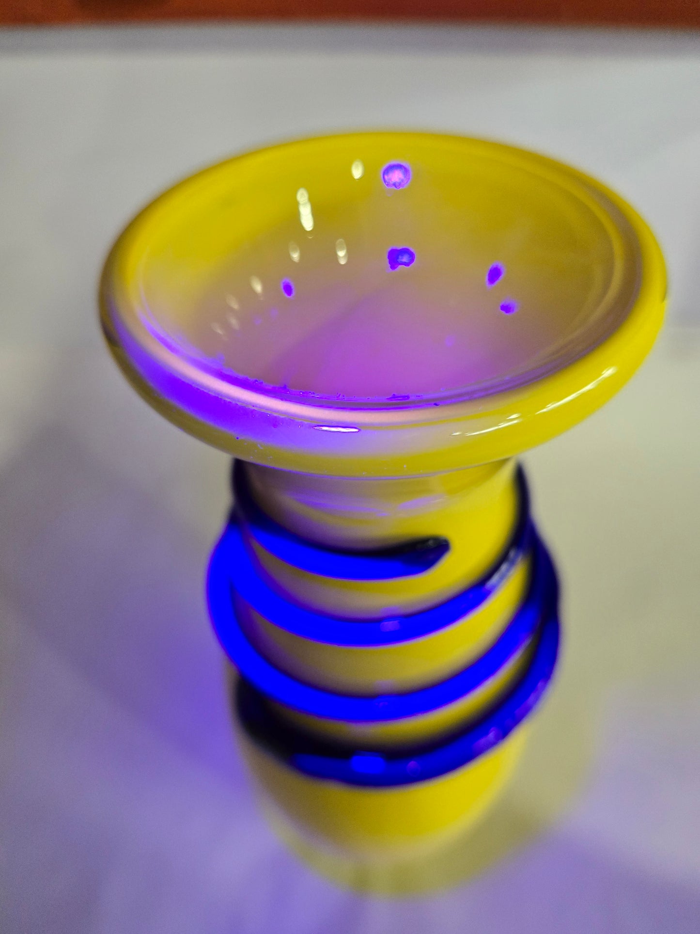 Vibrant Yellow Hand Blown Glass Vase w/ Blue Spiral Accent