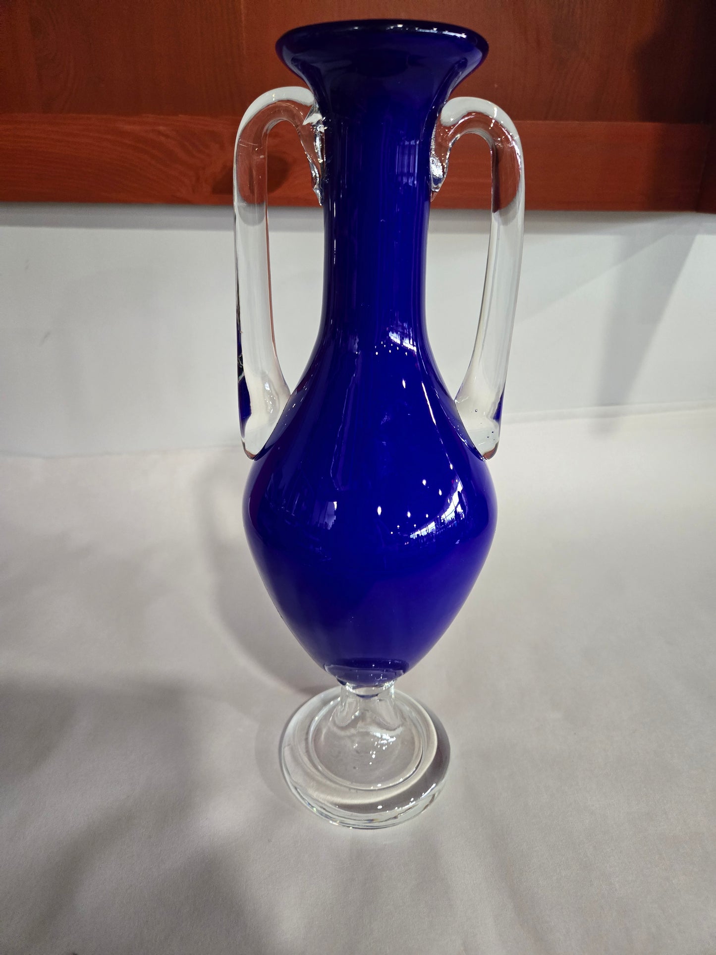 Cobalt Blue Amphora Vase w/ Clear Handles and Foot