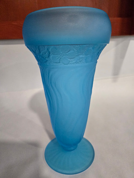 Josef Inwald Blue Satin Glass Vase w/ Embossed Iris Design