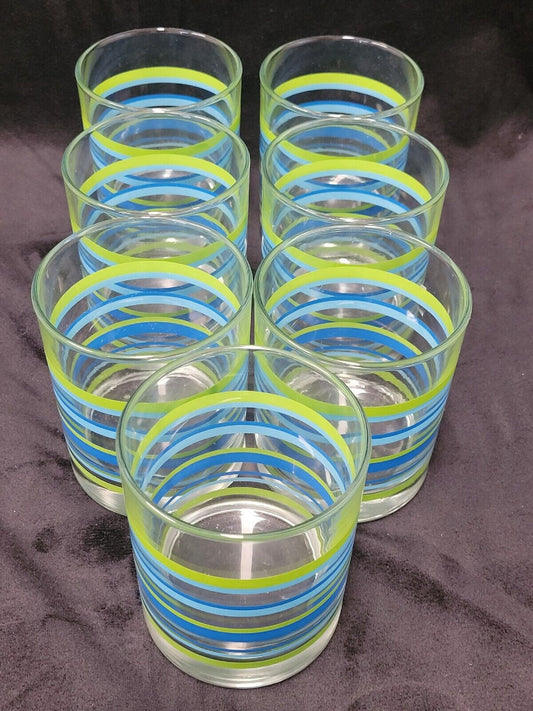 Set of 7 Blue and Green Striped Glasses