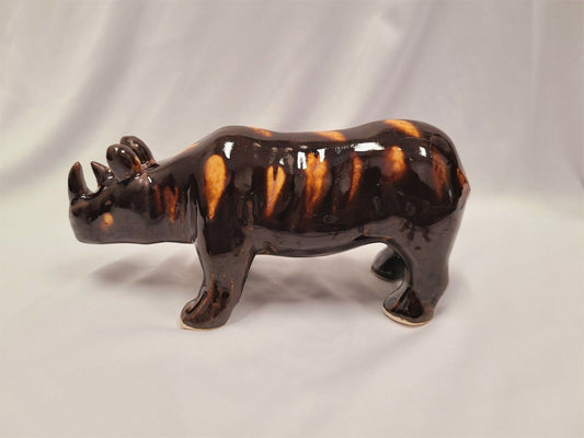 Vintage Rockingham Brown Drip Glaze Ceramic Rhinoceros Figurine