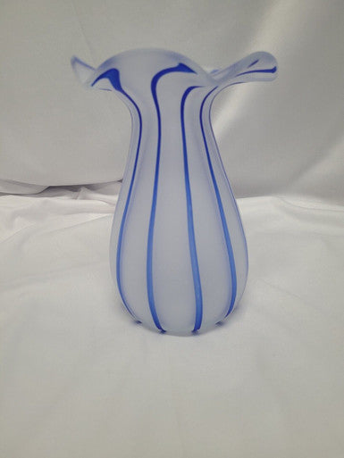 Frosted Glass Vase with Blue Stripes and Ruffled Top