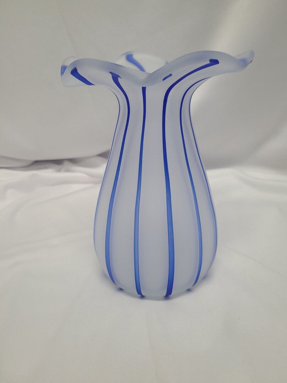 Frosted Glass Vase with Blue Stripes and Ruffled Top