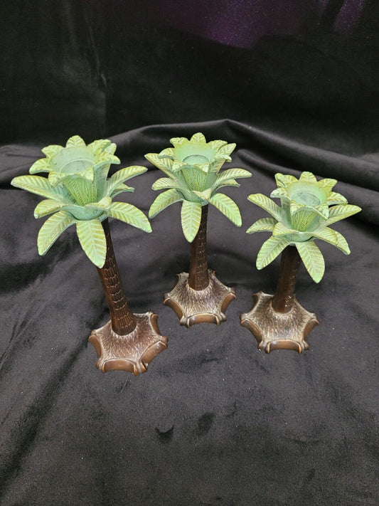 Set of 3 Two s Company Metal Palm Tree Candlesticks