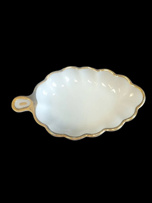 Milk Glass Leaf Shaped Dish with Gold Trim