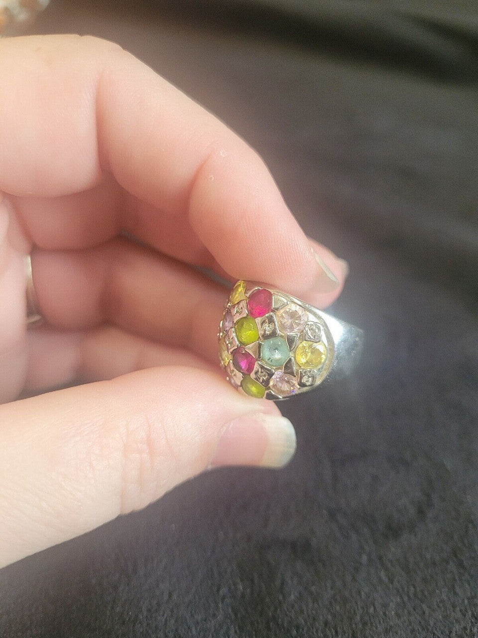 Multi colored stone silver tone ring