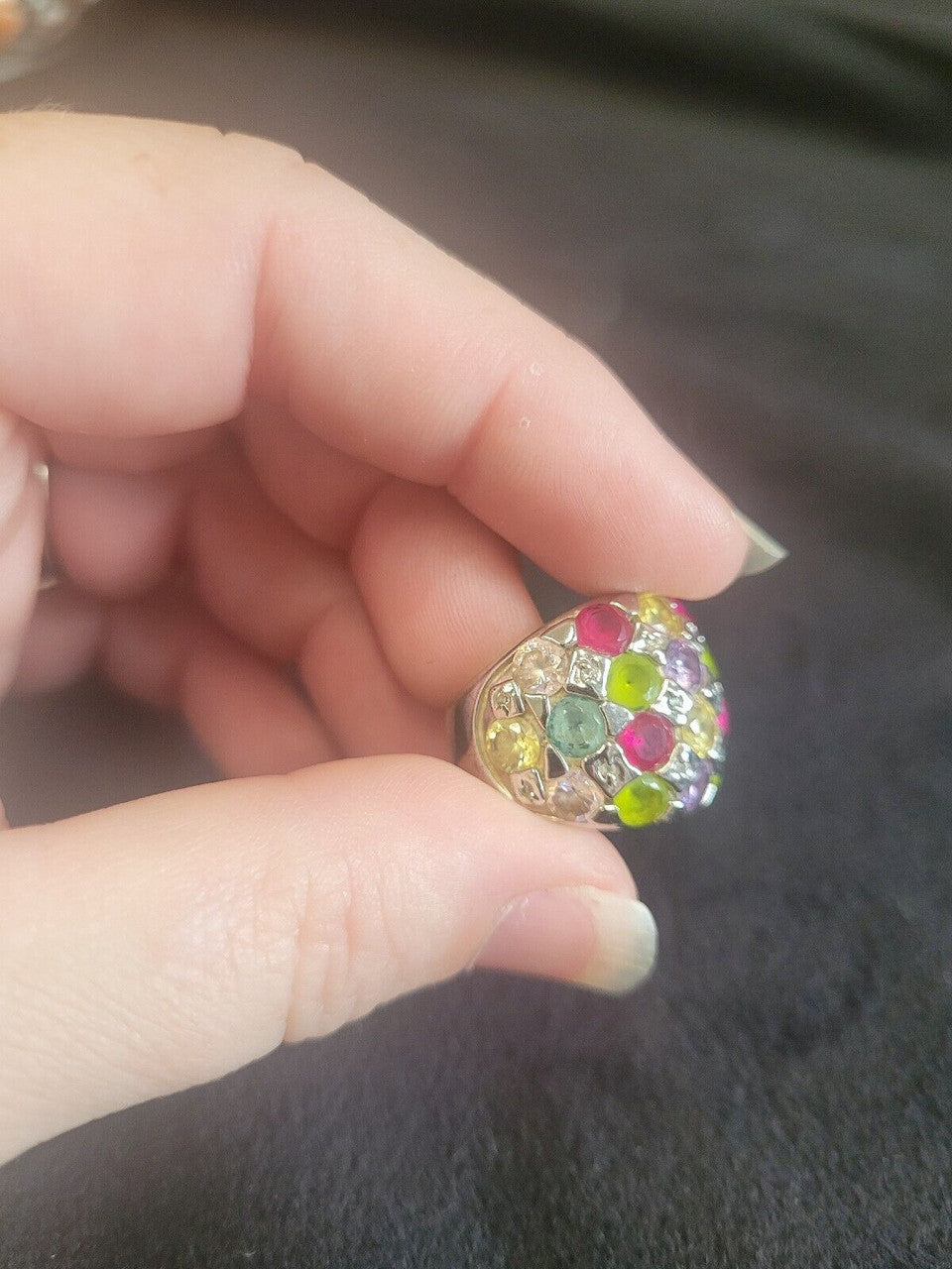 Multi colored stone silver tone ring