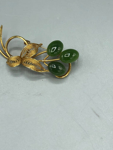 Gold tone Jade flower brooch