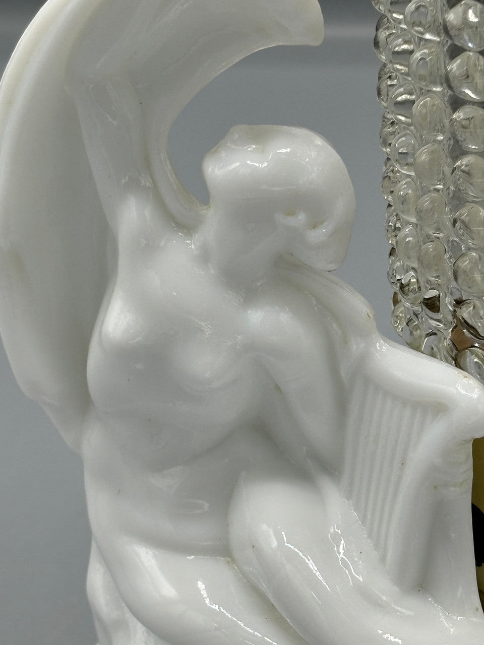 Pair of Vintage Milk Glass Art Deco Nude Lady w/ Harp Torpedo Lamps