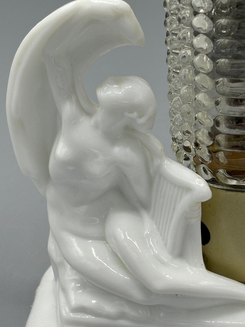 Pair of Vintage Milk Glass Art Deco Nude Lady w/ Harp Torpedo Lamps