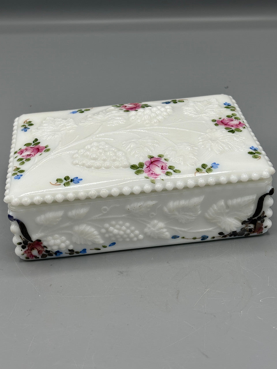 Vintage Westmoreland Milk Glass Beaded Painted Cigarette Box B