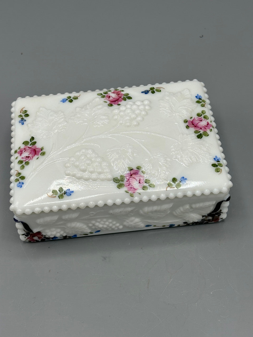 Vintage Westmoreland Milk Glass Beaded Painted Cigarette Box B