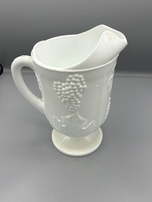 Tall Milk Glass Pitcher w/ Grape Leaves- Harvest- Footed