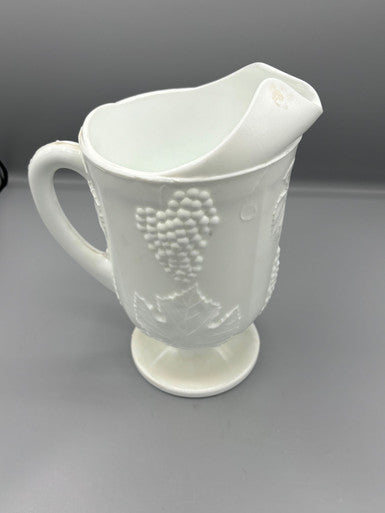 Tall Milk Glass Pitcher w/ Grape Leaves- Harvest- Footed