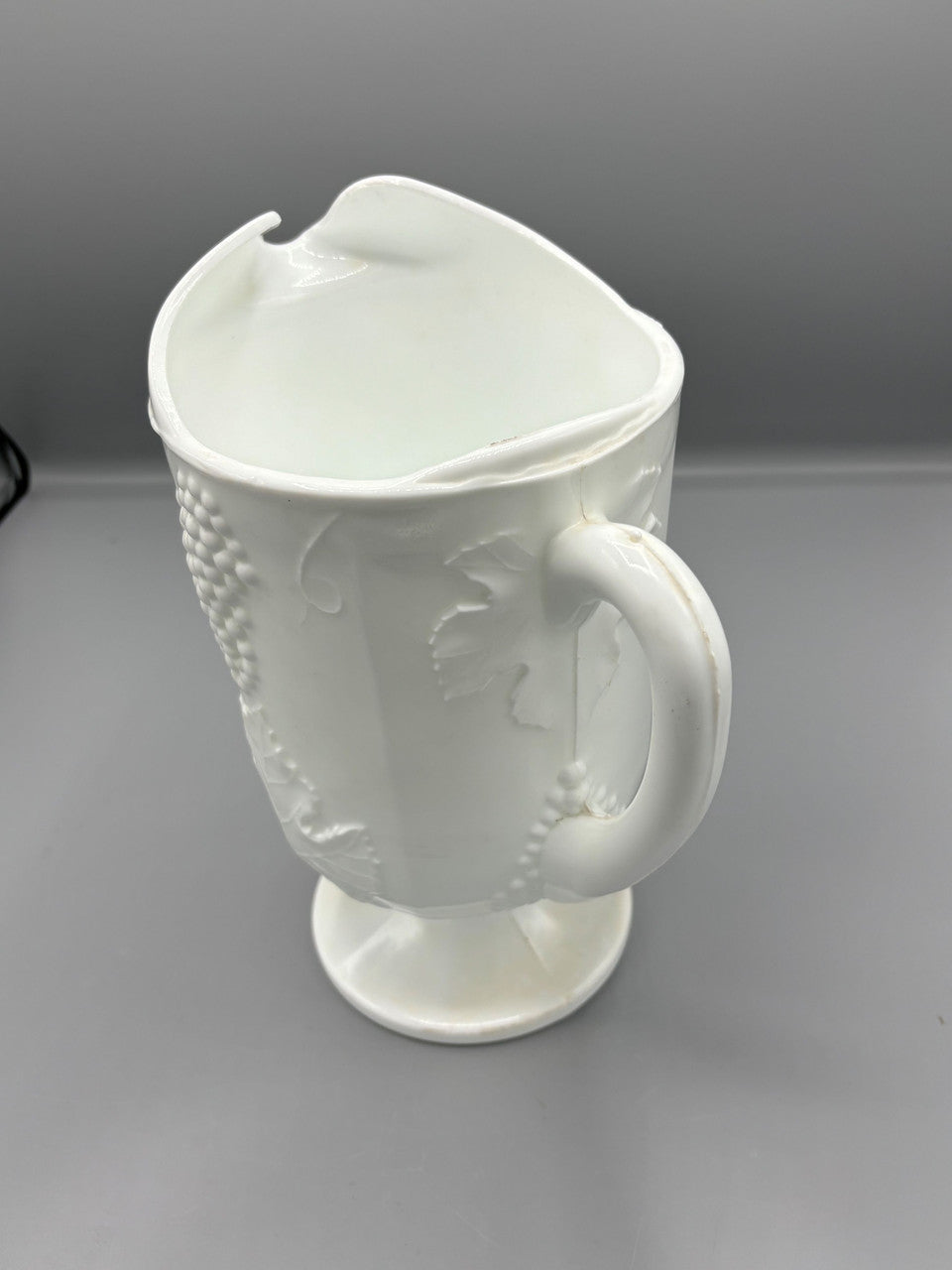 Tall Milk Glass Pitcher w/ Grape Leaves- Harvest- Footed