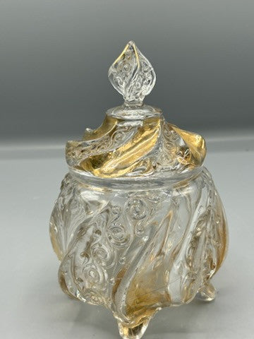 Fostoria glass jar with lid in wedding bells pattern