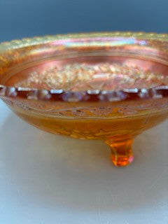 Vintage Carnival glass footed marigold bowl with windmill