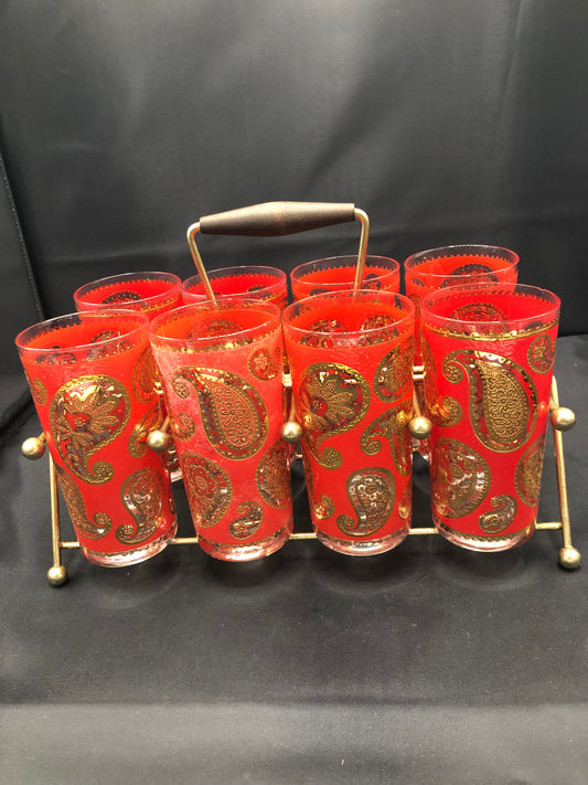 Culver Mid Century Red & 22kt Gold Paisley Bar Set