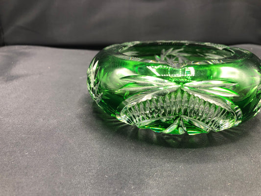 Bohemian Emerald Cut Green Glass Ashtray