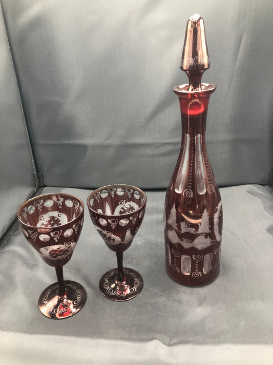 Bohemian Red Cut Glass Decanter w/ stopper & 2 glasses