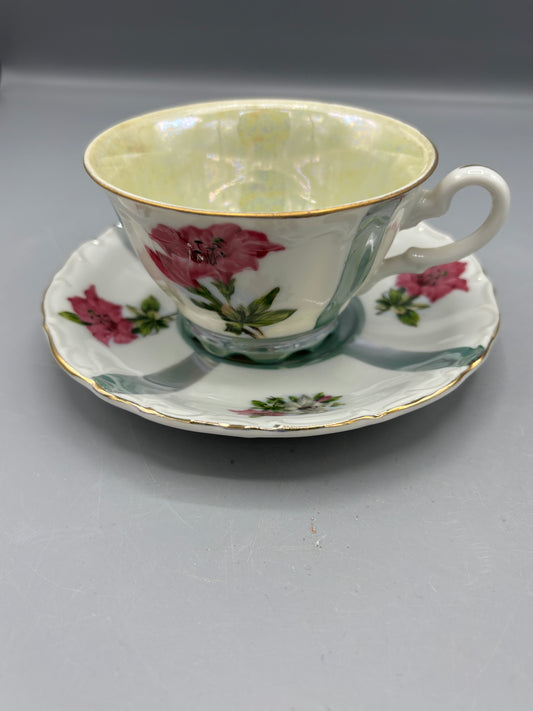 Vintage porcelain teacup & saucer with pink flowers