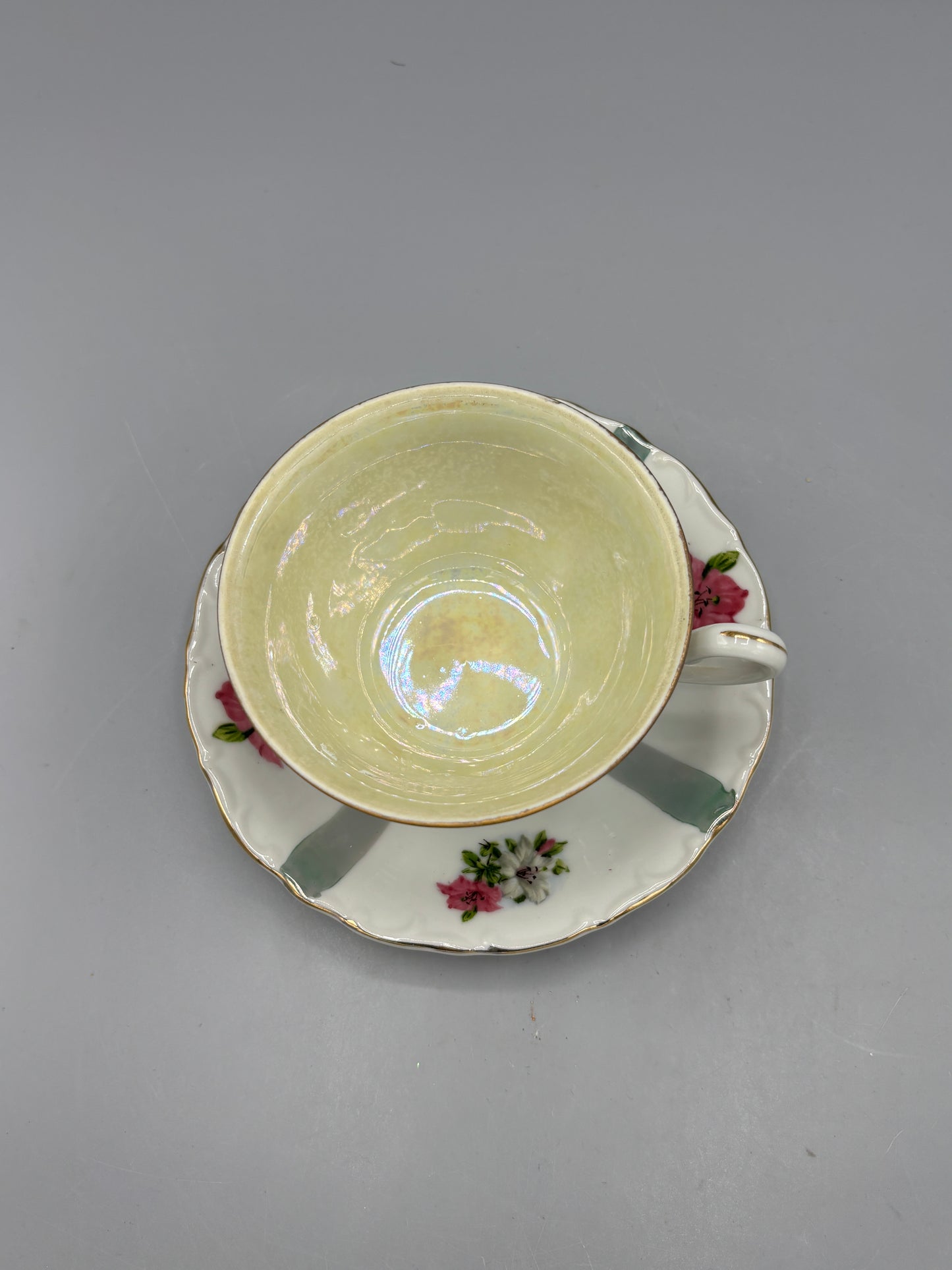 Vintage porcelain teacup & saucer with pink flowers