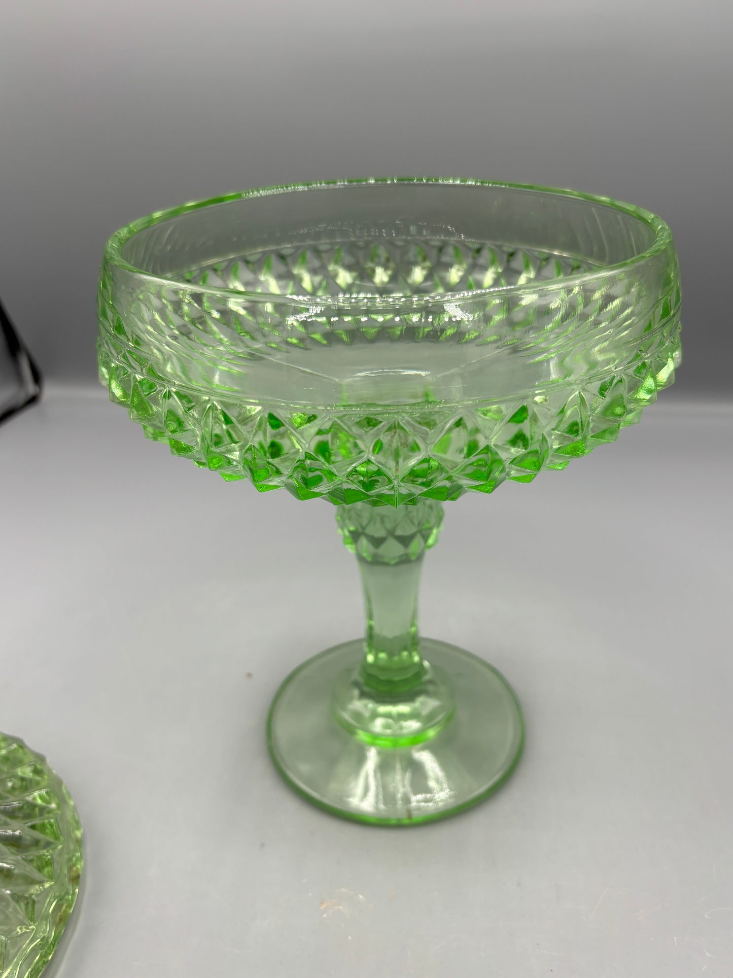 Vintage Indiana glass diamond point green pedestal dish