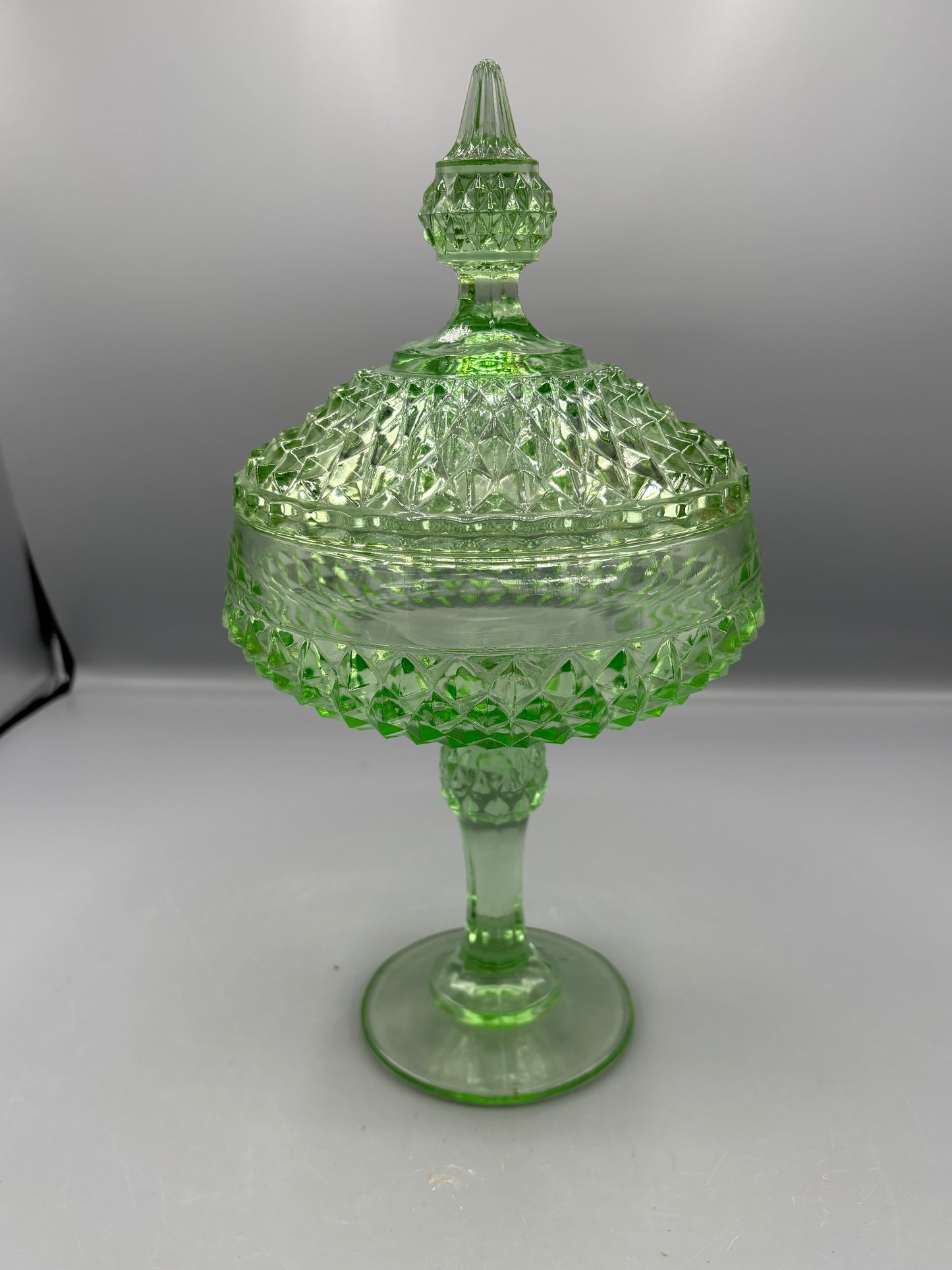 Vintage Indiana glass diamond point green pedestal dish