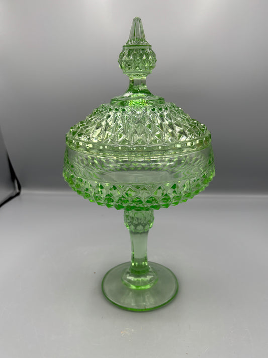 Vintage Indiana glass diamond point green pedestal dish