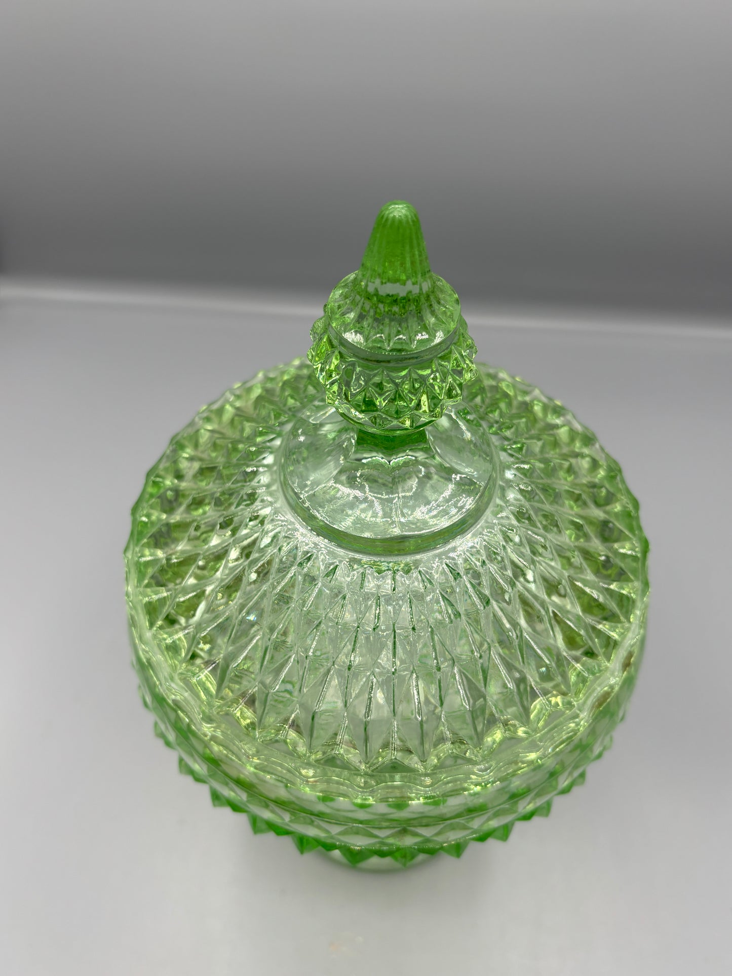 Vintage Indiana glass diamond point green pedestal dish