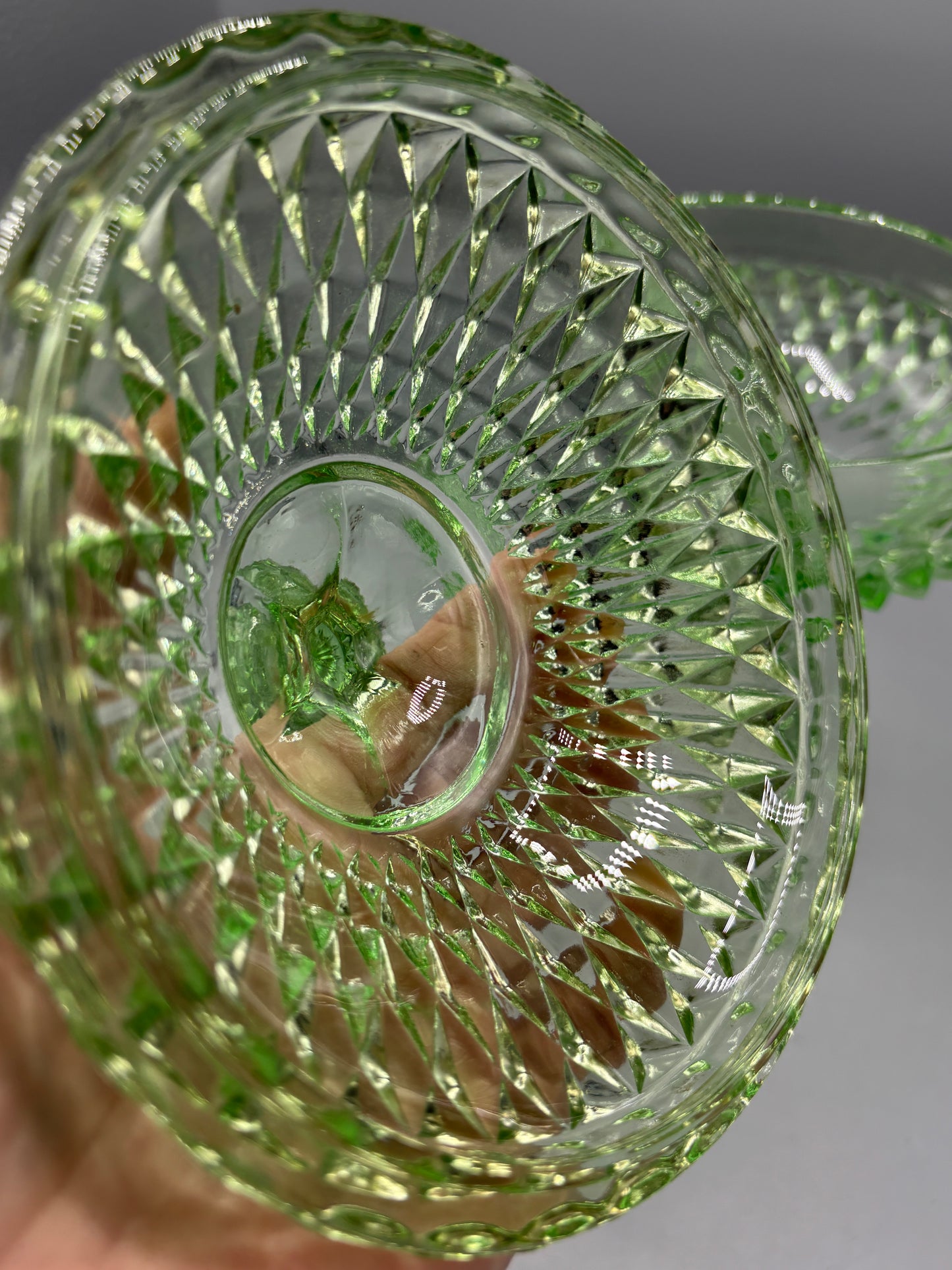 Vintage Indiana glass diamond point green pedestal dish