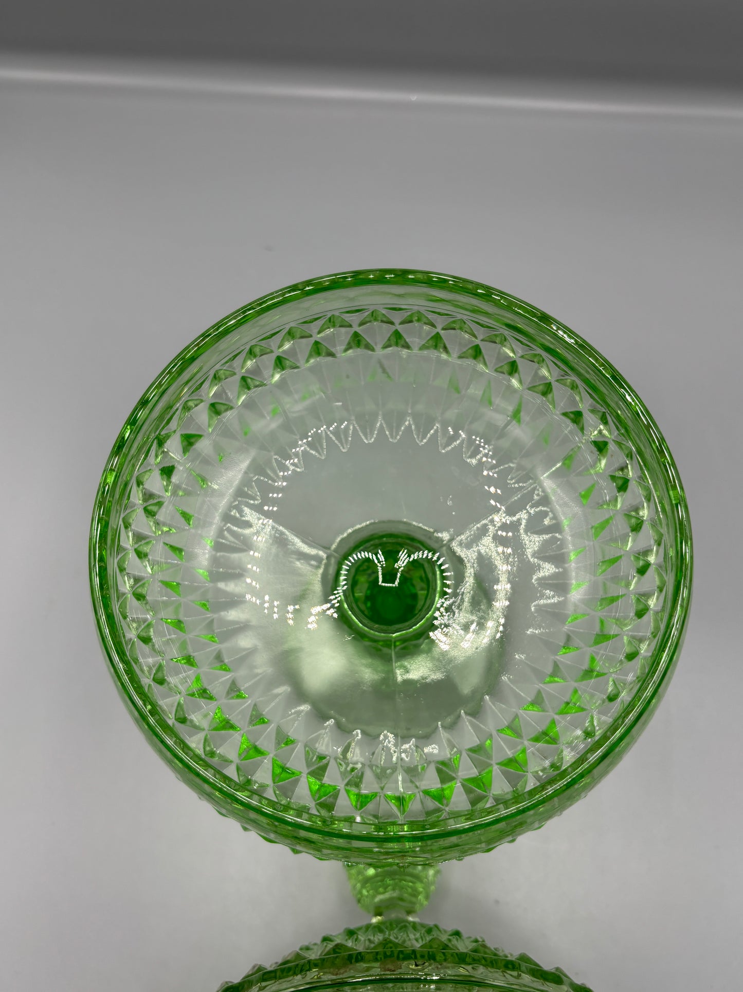 Vintage Indiana glass diamond point green pedestal dish