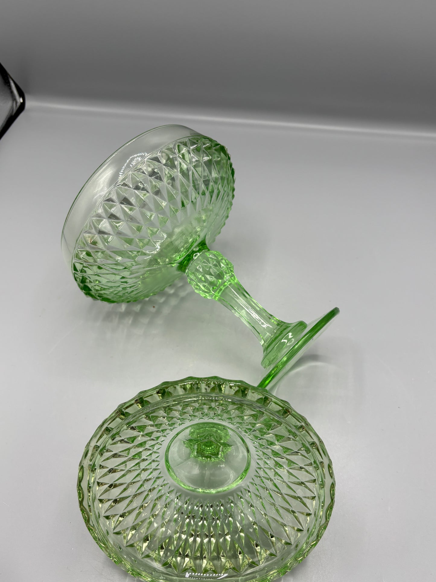 Vintage Indiana glass diamond point green pedestal dish