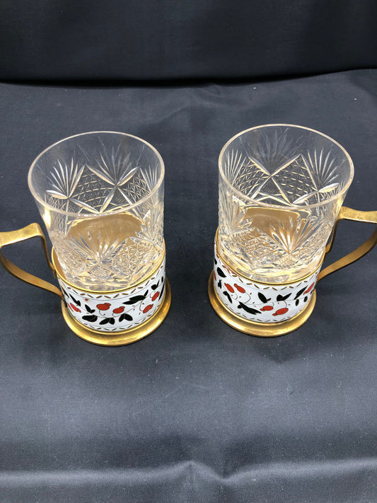 Vintage Russian Gold Plated Enameled Tea Mugs