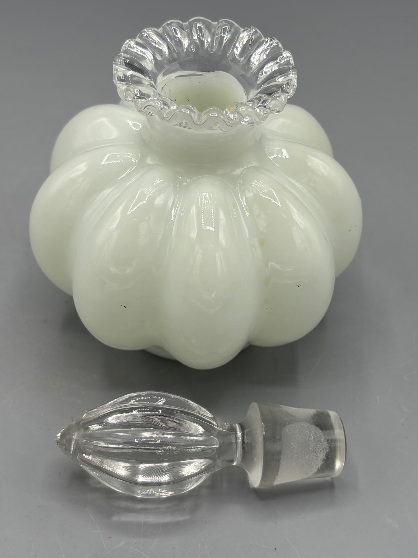 Vintage Fenton silver crest milk glass perfume bottle with stopper