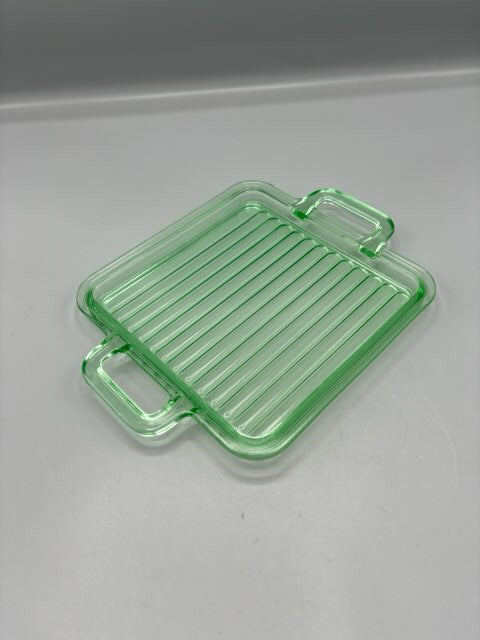 Green uranium glass tray with handles