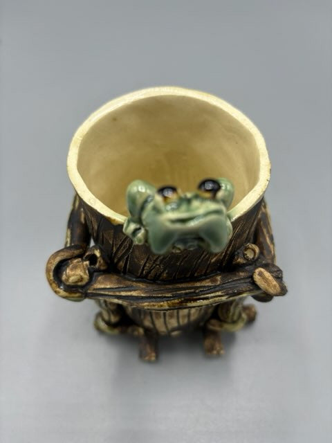 Vintage studio art pottery vase/cup with small frog