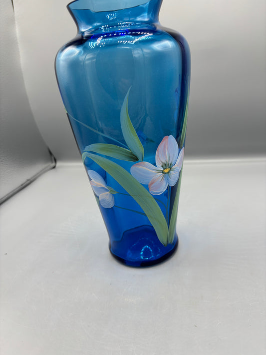 Fenton Twilight blue glass vase with floral design
