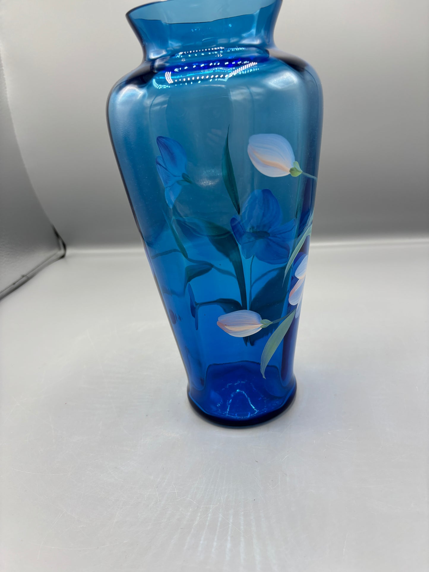 Fenton Twilight blue glass vase with floral design