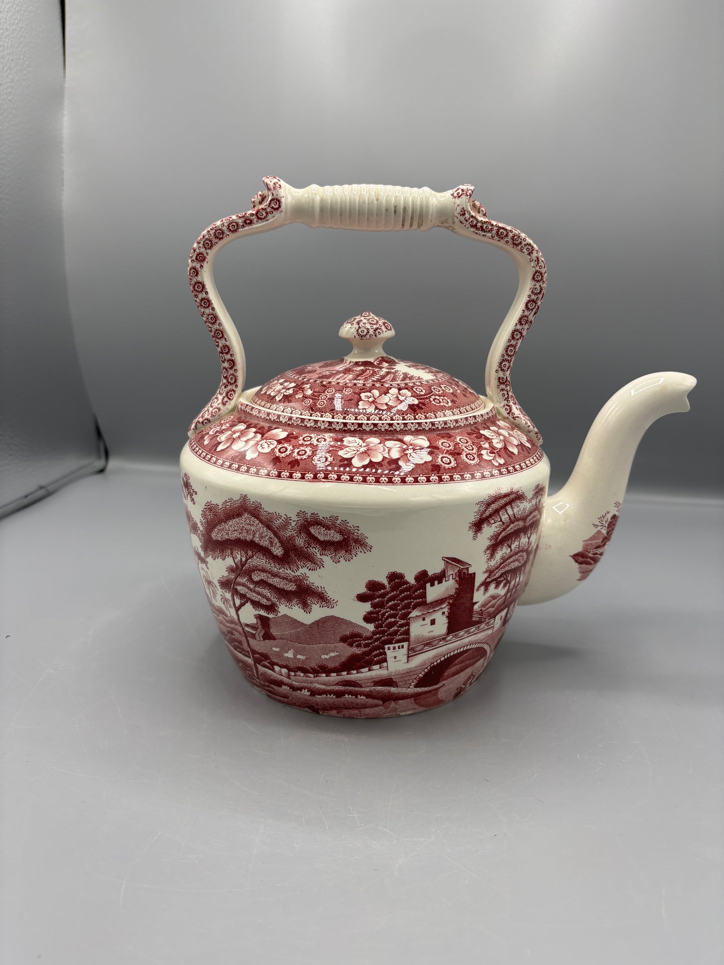 Spode Tower pink teapot with landscape scene
