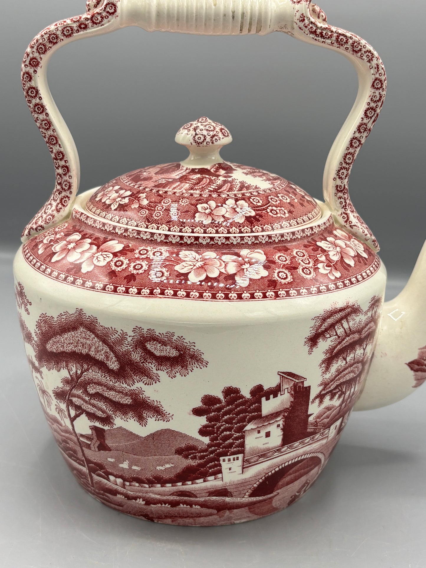 Spode Tower pink teapot with landscape scene