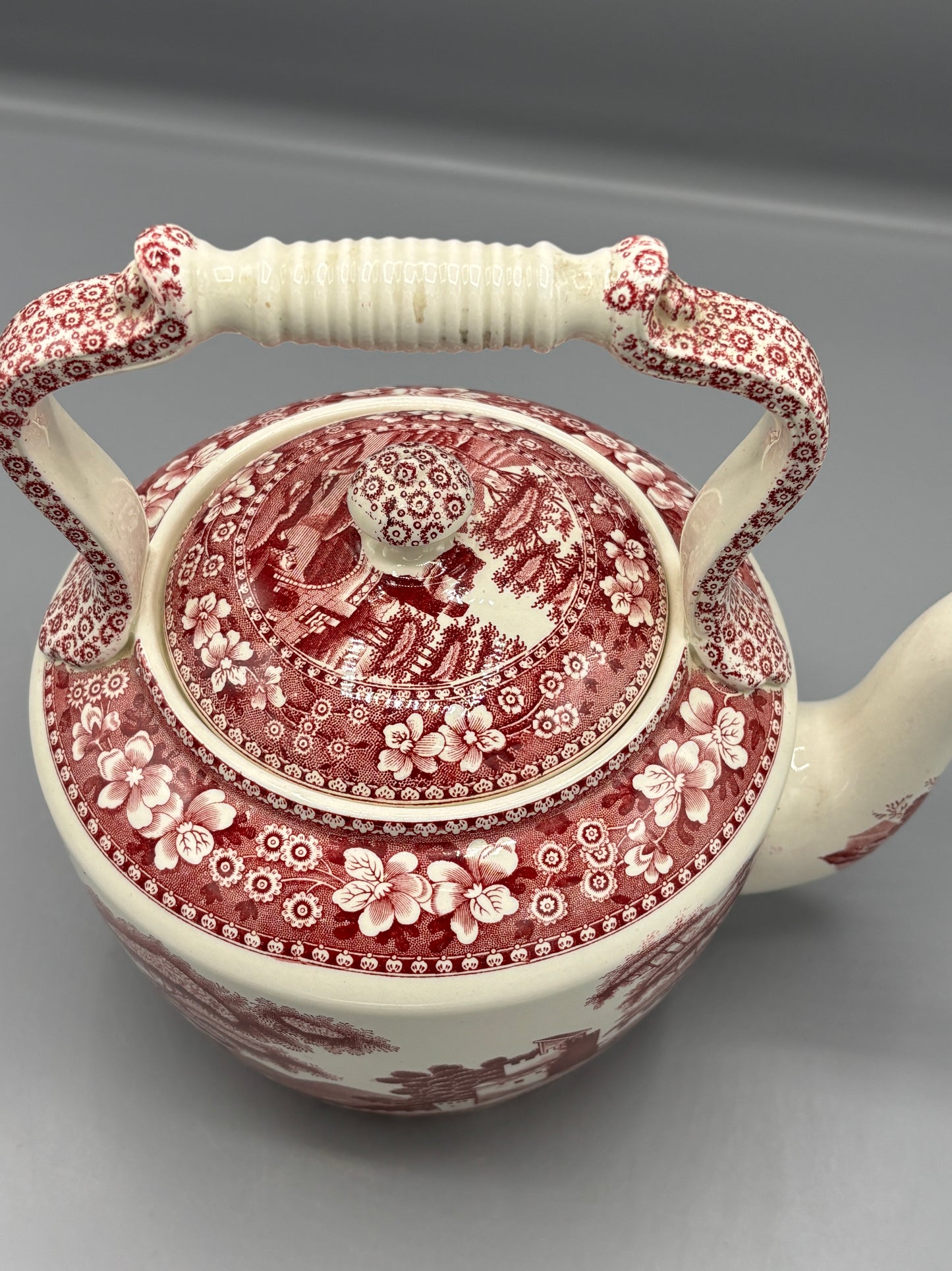 Spode Tower pink teapot with landscape scene