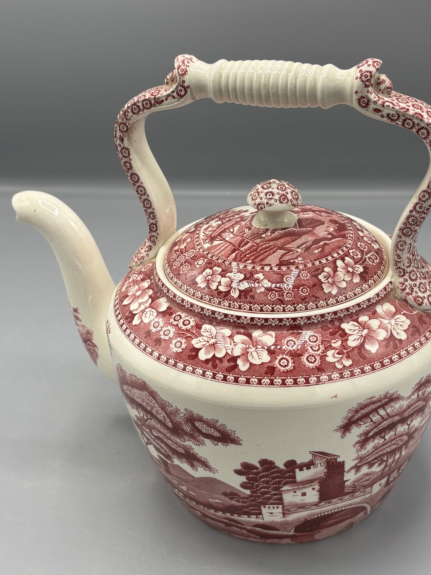 Spode Tower pink teapot with landscape scene