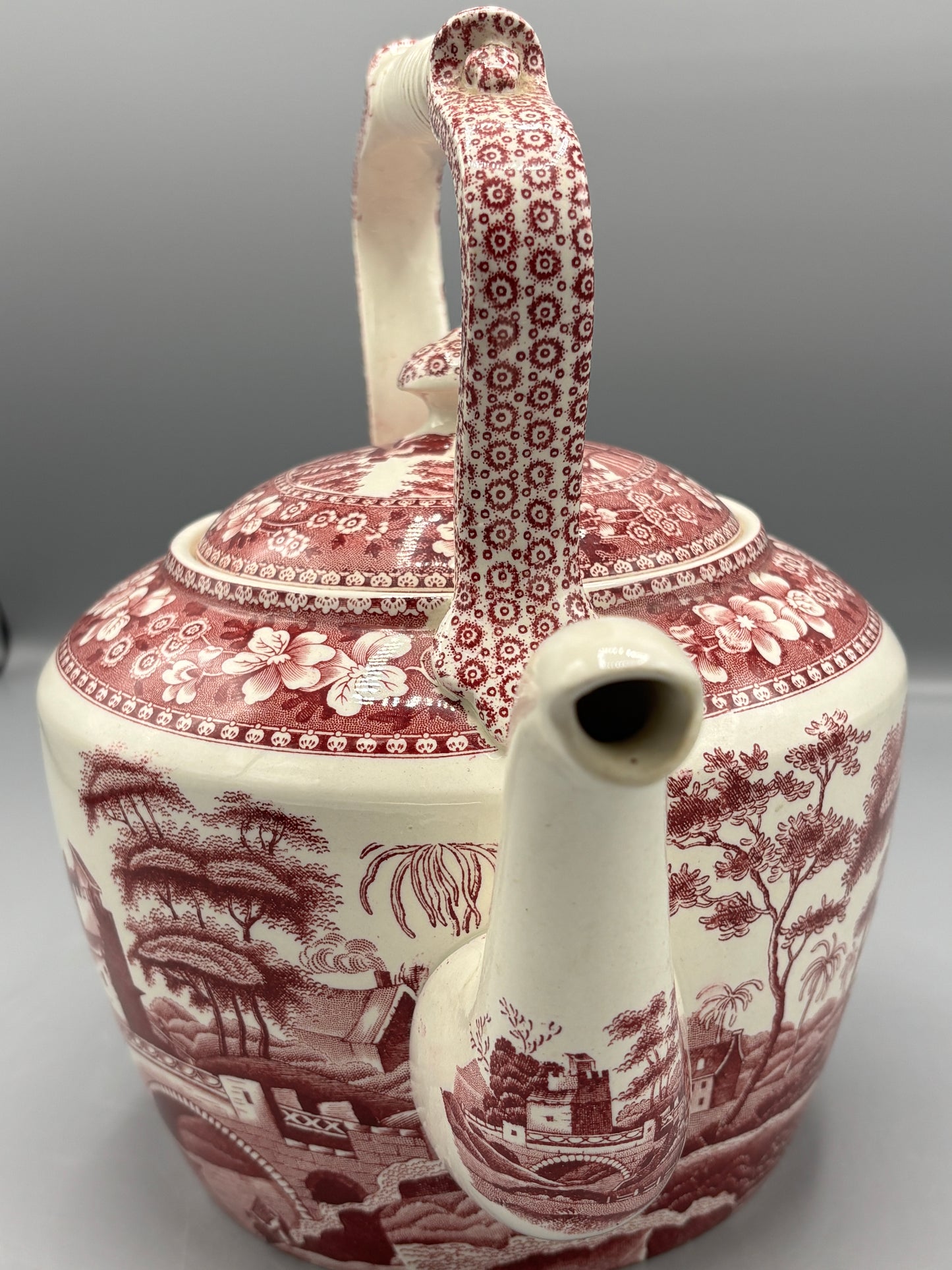 Spode Tower pink teapot with landscape scene