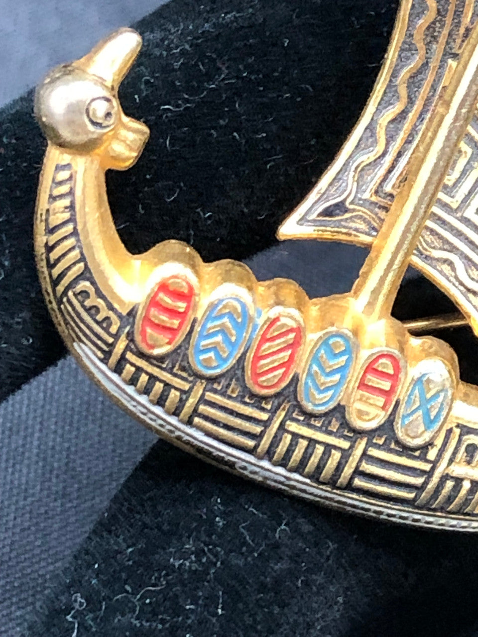 Vintage faux Damascene Viking ship brooch