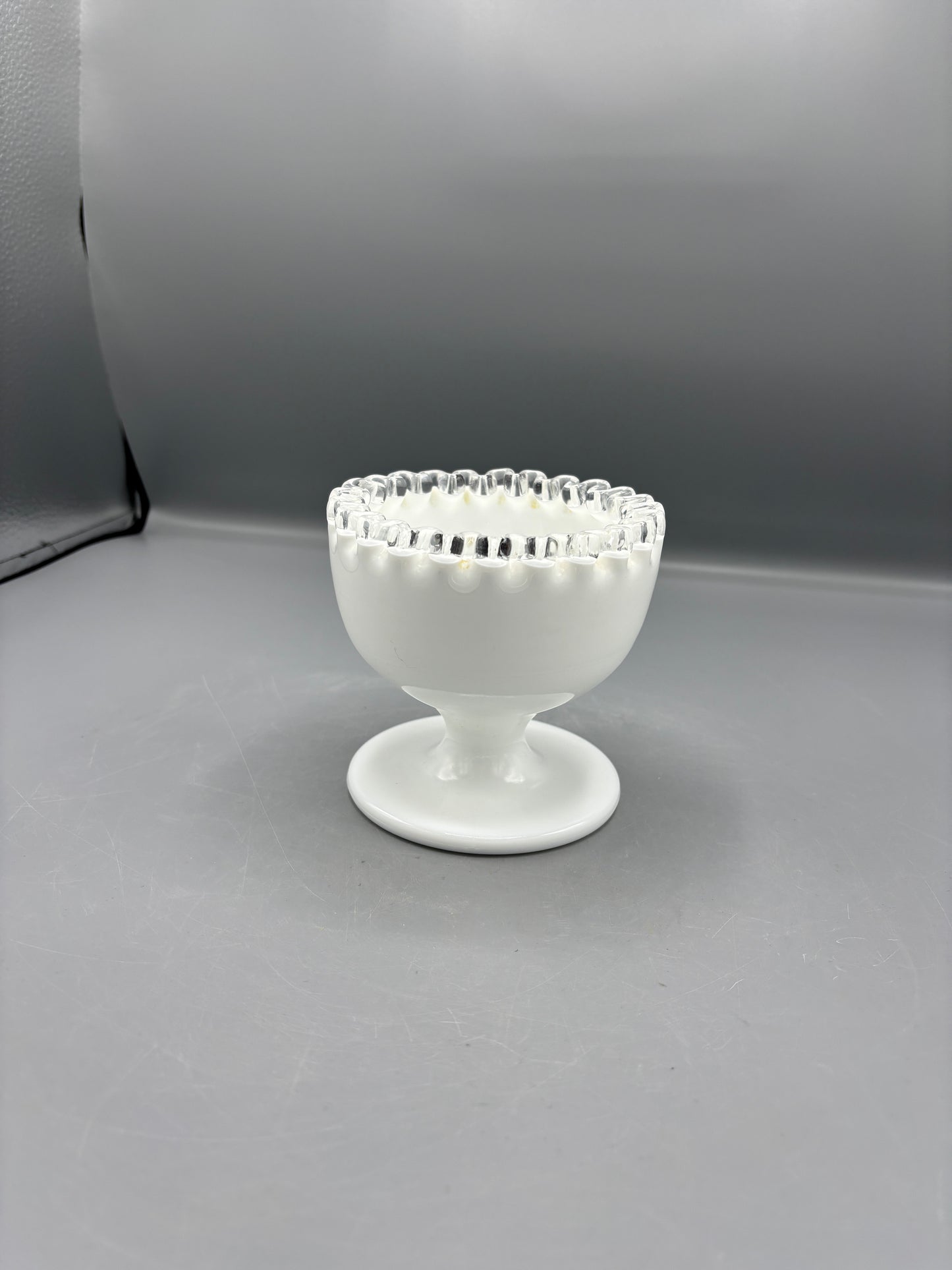Fenton silver crest pedestal bowl with clear ruffled rim